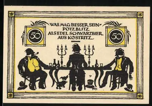 Notgeld Köstritz, 50 Pfennig, Drei Männer am Tisch mit Kerzenleuchter, Text über Schwarzbier