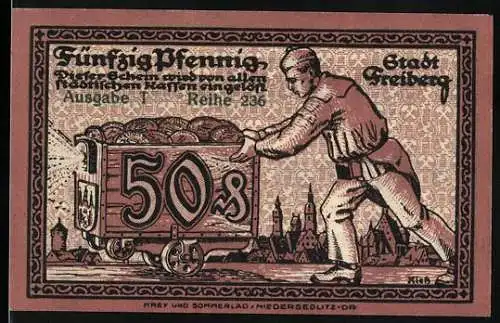 Notgeld Freiberg, 1921, 50 Pfennig, Bergarbeiter mit Lore und Stadtansicht, zwei Ritterfiguren