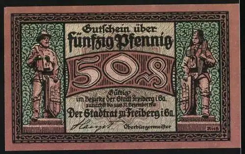 Notgeld Freiberg, 1921, 50 Pfennig, Bergarbeiter mit Lore und Stadtansicht, zwei Ritterfiguren