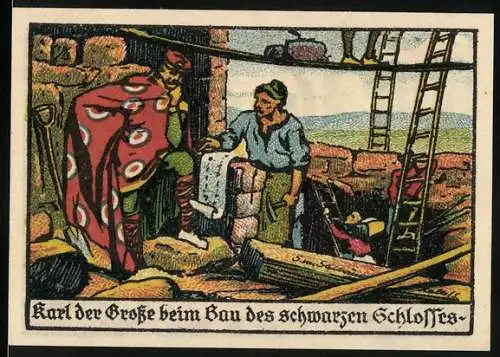 Notgeld Halle an der Saale 1921, 50 Pfennig, Karl der Grosse beim Bau des schwarzen Schlosses