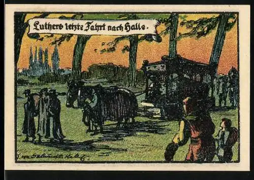 Notgeld Halle, 1921, 50 Pfennig, Luthers letzte Fahrt nach Halle, Der Markt und Burg Giebichenstein