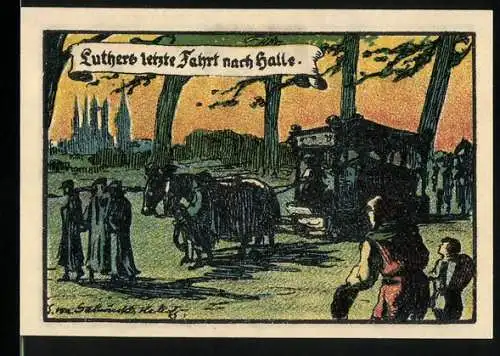 Notgeld Halle (Saale), 1921, 50 Pfennig, Luthers letzte Fahrt nach Halle, Der Markt und Burg Giebichenstein