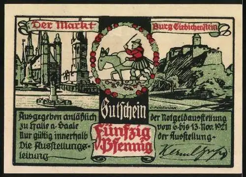 Notgeld Halle (Saale), 1921, 50 Pfennig, Ludwig der Springer, Markt und Burg Giebichenstein