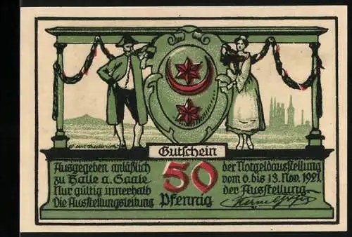 Notgeld Halle a. Saale 1921, 50 Pfennig, Der Marktplatz und Ausstellungsgutschein
