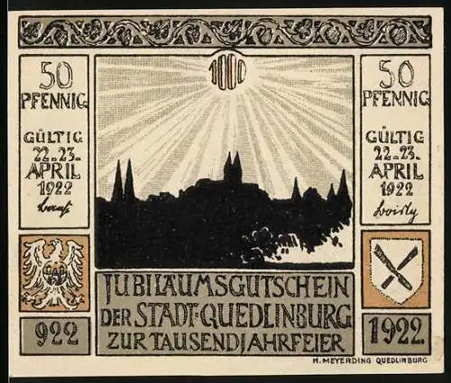 Notgeld Quedlinburg 1922, 50 Pfennig, Jubiläumsgutschein zur Tausendjahrfeier, Am Finkenherd von Fenzlau