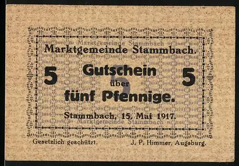 Notgeld Stammbach 1917, 5 Pfennig, Gutschein über fünf Pfennige, Gesetzlich geschützt