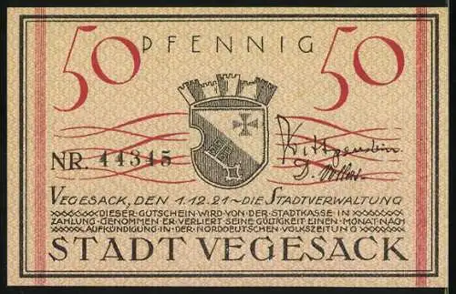 Notgeld Vegesack, 1921, 50 Pfennig, Stadtansicht und Stadtwappen