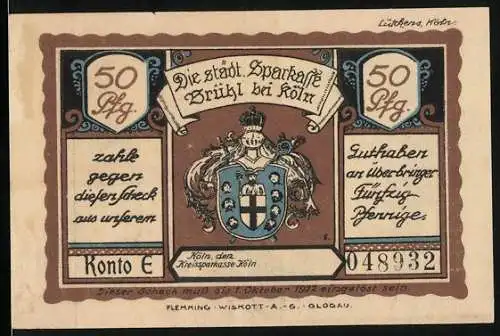 Notgeld Brühl bei Köln, 1921, 50 Pfennig, Vorderseite Stadtwappen und Sparkasse, Rückseite Marktszene von 1673
