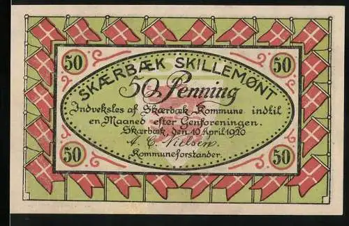 Notgeld Skaerbaek 1920, 50 Penning, Design mit Fahnen und Gebäude, Nr. 27970