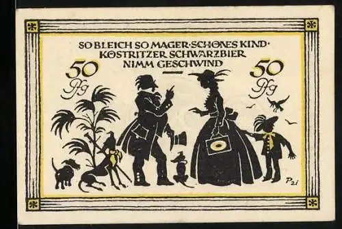 Notgeld Köstritz, 50 Pfennig, Silhouetten-Szene mit Familie und Tieren
