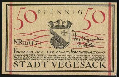 Notgeld Vegesack, 1921, 50 Pfennig, Kirche und Wappen der Stadt Vegesack