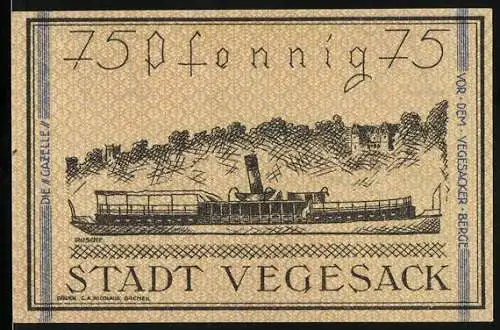 Notgeld Vegesack, 1921, 75 Pfennig, Dampfschiff und Stadtwappen auf gelbem Hintergrund