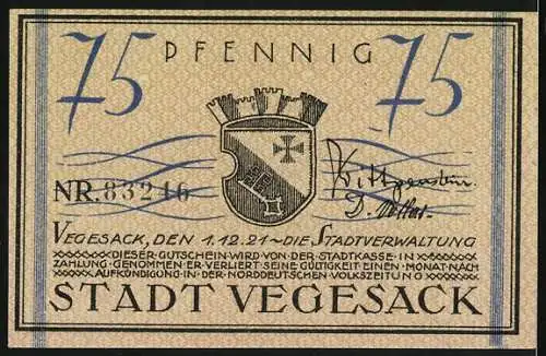 Notgeld Vegesack, 1921, 75 Pfennig, Dampfschiff und Stadtwappen auf gelbem Hintergrund