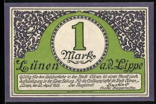 Notgeld Lünen a.d. Lippe 1921, 1 Mark, grün-weisse Gestaltung mit historischem Motiv und Inschrift