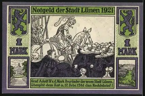 Notgeld Lünen a.d. Lippe 1921, 1 Mark, grün-weisse Gestaltung mit historischem Motiv und Inschrift