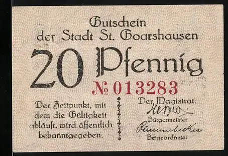 Notgeld St. Goarshausen, 20 Pfennig, Gutschein der Stadt mit Landschaftsabbildung und Stadtwappen