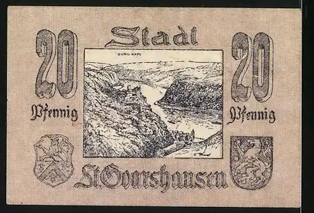 Notgeld St. Goarshausen, 20 Pfennig, Gutschein der Stadt mit Landschaftsabbildung und Stadtwappen