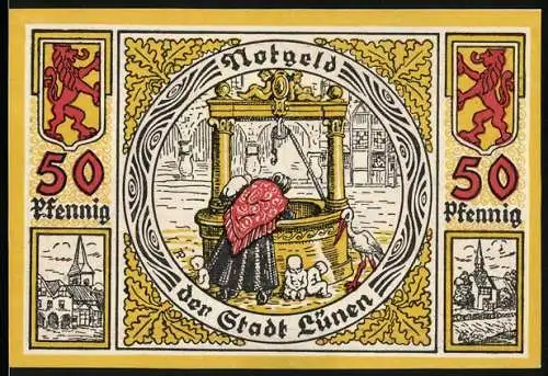 Notgeld Lünen 1921, 50 Pfennig, mit Frau am Brunnen und roten Wappen mit Löwen