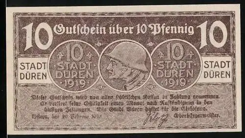 Notgeld Düren 1919, 10 Pfennig, Soldat mit Helm und Türme der Stadt Düren