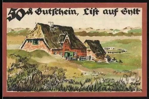 Notgeld List auf Sylt 1921, 50 Pfennig, Reetgedeckte Häuser in Dünenlandschaft