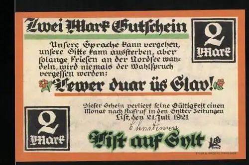 Notgeld List 1921, 2 Mark, Historischer Gutschein mit Segelschiff und friesischem Wahlspruch