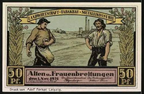 Notgeld Alten- und Frauenbreitungen 1921, 50 Pf., Bauernhof und Landwirtschaftsszene