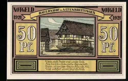 Notgeld Alten- und Frauenbreitungen 1921, 50 Pf., Bauernhof und landwirtschaftliche Szene mit Arbeitern
