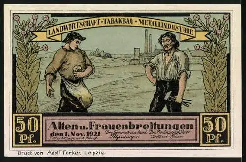 Notgeld Alten- und Frauenbreitungen 1921, 50 Pf., Bauernhof und landwirtschaftliche Szene mit Arbeitern