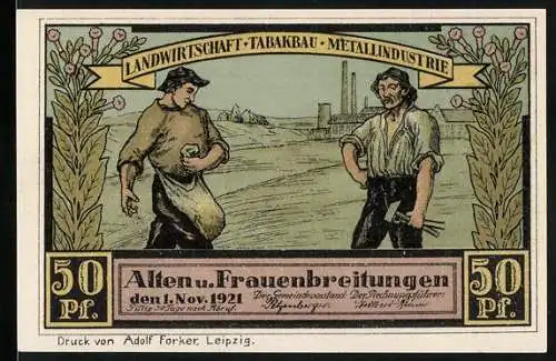 Notgeld Alten- und Frauenbreitungen 1921, 50 Pfennig, Landwirtschaft-Tabakbau-Metallindustrie und Kirche