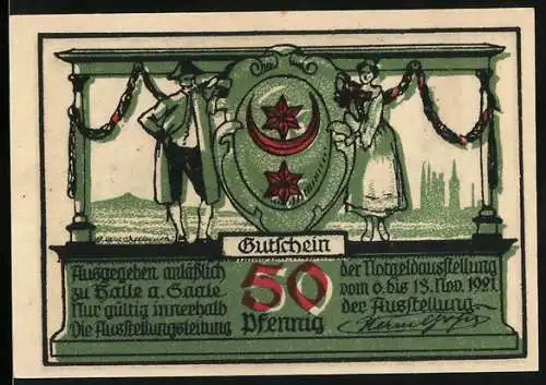 Notgeld Halle 1921, 50 Pfennig, Ausstellungsgutschein mit Moritzburg Motiv