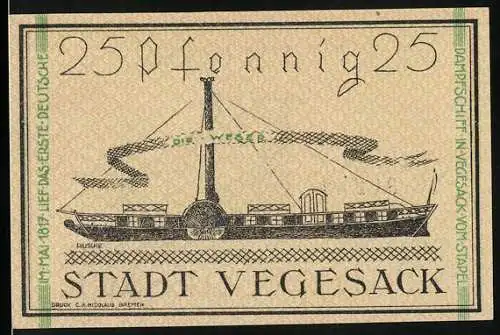 Notgeld Vegesack, 1921, 25 Pfennig, Dampfschiff und Stadtwappen