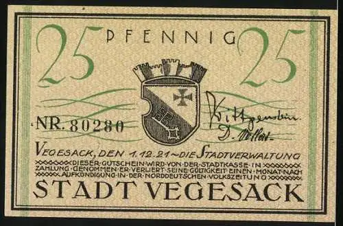 Notgeld Vegesack, 1921, 25 Pfennig, Dampfschiff und Stadtwappen