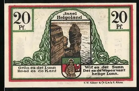 Notgeld Helgoland, 1919, 20 Pf., Gutschein der Spar- und Leihkasse mit Inselmotiv und Sprüchen