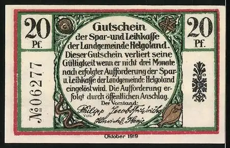 Notgeld Helgoland, 1919, 20 Pf., Gutschein der Spar- und Leihkasse mit Inselmotiv und Sprüchen