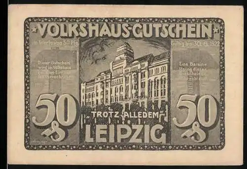 Notgeld Leipzig, 1922, 50 Pfennig, Volkshaus-Gutschein mit Gebäudemotiv und Aufruf zur Hilfe beim Wiederaufbau