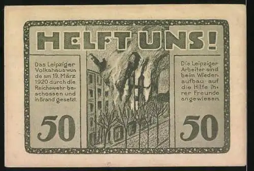 Notgeld Leipzig, 1922, 50 Pfennig, Volkshaus-Gutschein mit Gebäudemotiv und Aufruf zur Hilfe beim Wiederaufbau