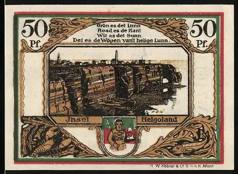 Notgeld Helgoland 1921, 50 Pf., Insel Helgoland mit Klippen und Leuchtturm, Text auf Plattdeutsch