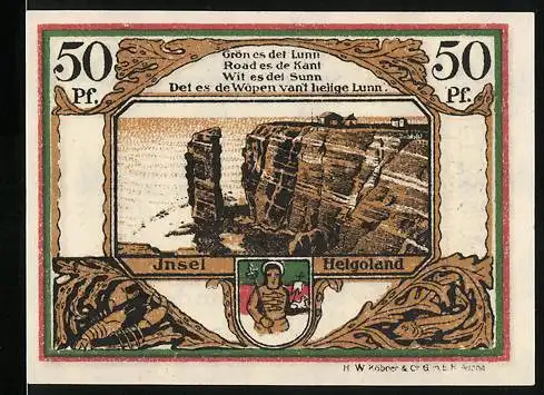 Notgeld Helgoland, 1921, 50 Pf, Gutschein der Spar-u.Leihkasse der Landgemeinde Helgoland, Landschaftsansicht der Insel