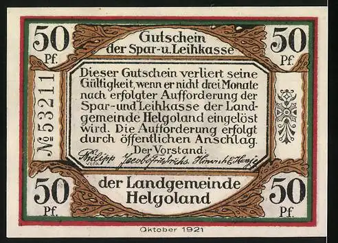 Notgeld Helgoland, 1921, 50 Pf, Gutschein der Spar-u.Leihkasse der Landgemeinde Helgoland, Landschaftsansicht der Insel