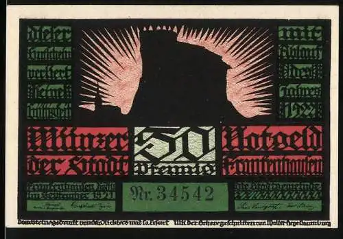 Notgeld Frankenhausen 1921, 50 Pfennig, Stadtansicht mit Burgturm und Strahlen, Rückseite mit Silhouetten von Personen