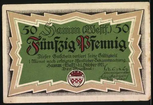 Notgeld Hamm, 1921, 50 Pfennig, Französische Flüchtlinge bitten um Aufnahme in Hamm, Dezember 1709