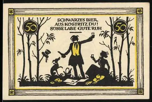 Notgeld Köstritz, 50 Pfennig, Schwarzes Bier und ländliche Szene mit drei Personen im Wald und Münzen am Boden