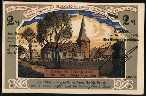 Notgeld Altrahlstedt, 1922, 2 Mark, Liliencron-Gesellschaft, Kirche und Fischer in einem Boot