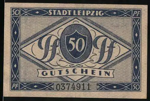 Notgeld Leipzig, 1920, 50 Pf, Gutschein der Stadt Leipzig, 0374911, wird an allen städtischen Kassen akzeptiert
