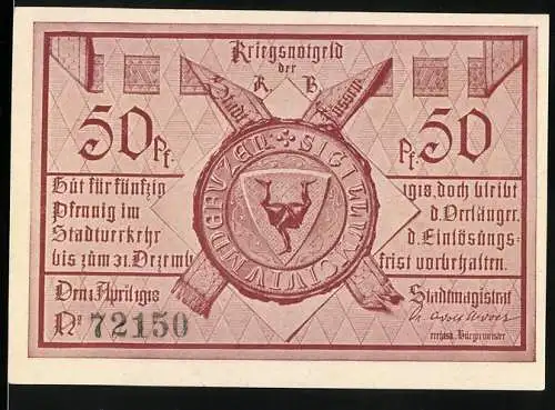 Notgeld Füssen, 50 Pfennig, Kriegsnotgeld mit Wappen und Drachenkämpfer-Motiv