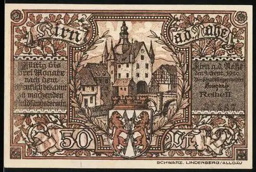 Notgeld Kirn an der Nahe, 1920, 50 Pfennig, Burgansicht und Ritter mit Wappen