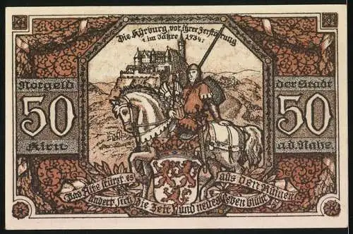 Notgeld Kirn an der Nahe, 1920, 50 Pfennig, Burgansicht und Ritter mit Wappen