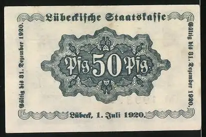 Notgeld Lübeck 1920, 50 Pfennig, Pfennig 50 Pfennig, Lübeckische Staatskasse, gültig bis 31. Dezember 1920