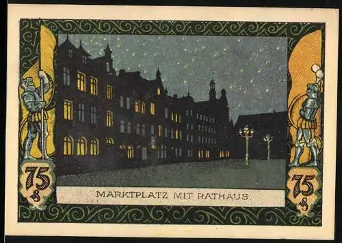 Notgeld Kahla, 1922, 75 Pfennig, Marktplatz mit Rathaus, Rückseite mit Bäumen und gelbem Gutscheintext