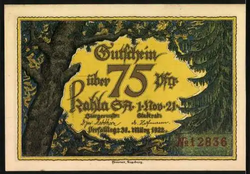 Notgeld Kahla, 1922, 75 Pfennig, Marktplatz mit Rathaus, Rückseite mit Bäumen und gelbem Gutscheintext